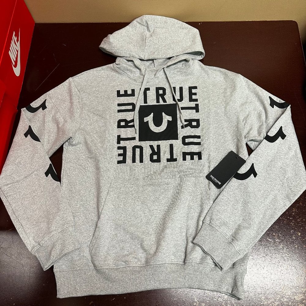 True Religion Mens Gray Heather Logo Pockets Long Sleeve Pullover Hoodie Size M